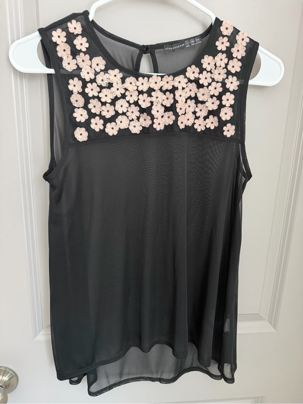 Atmosphere Black Mesh Tank with Pale Pink Floral Appliqués S